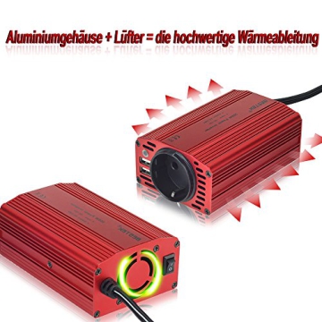 BESTEK KFZ 300W Wechselrichter 12V auf 230V mit 2 USB Anschlüsse und Zigarettenanzünder Stecker, Eurosteckdose - 